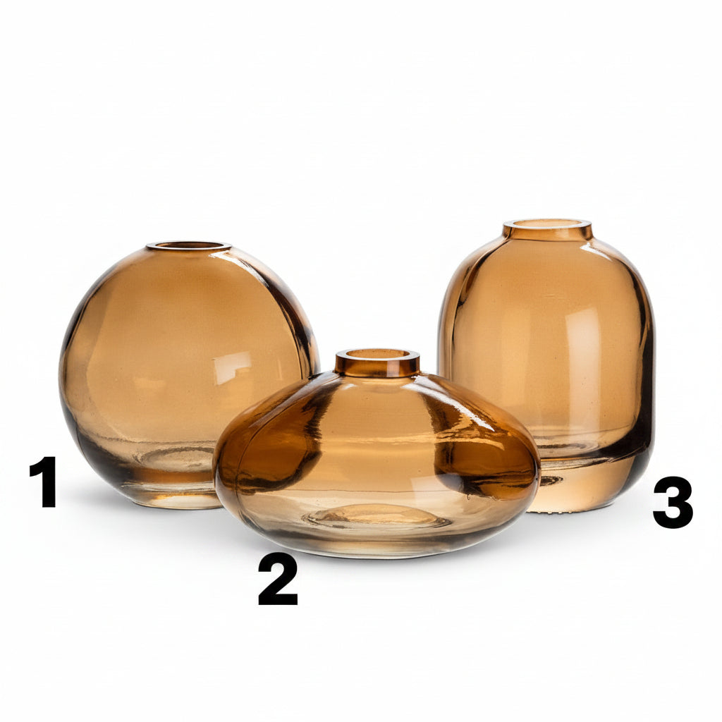 Amber glass bud vases, grouped