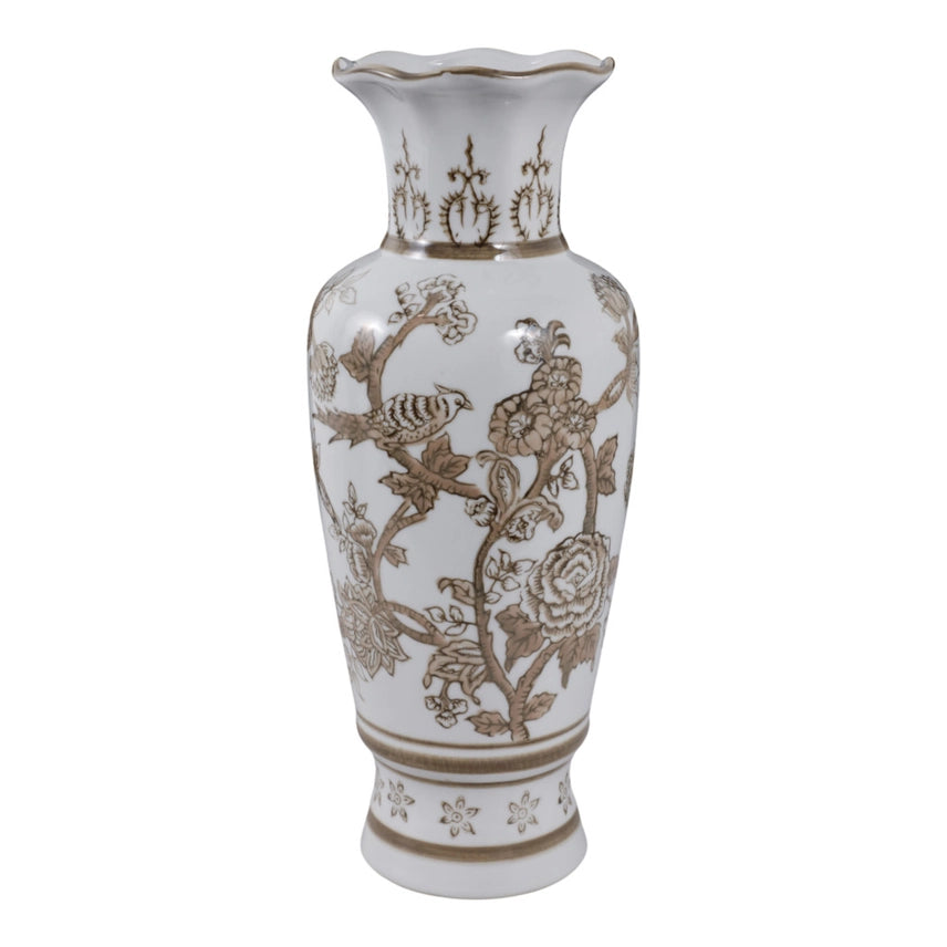 Brown Ceramic Birds and Vine Vase 12in