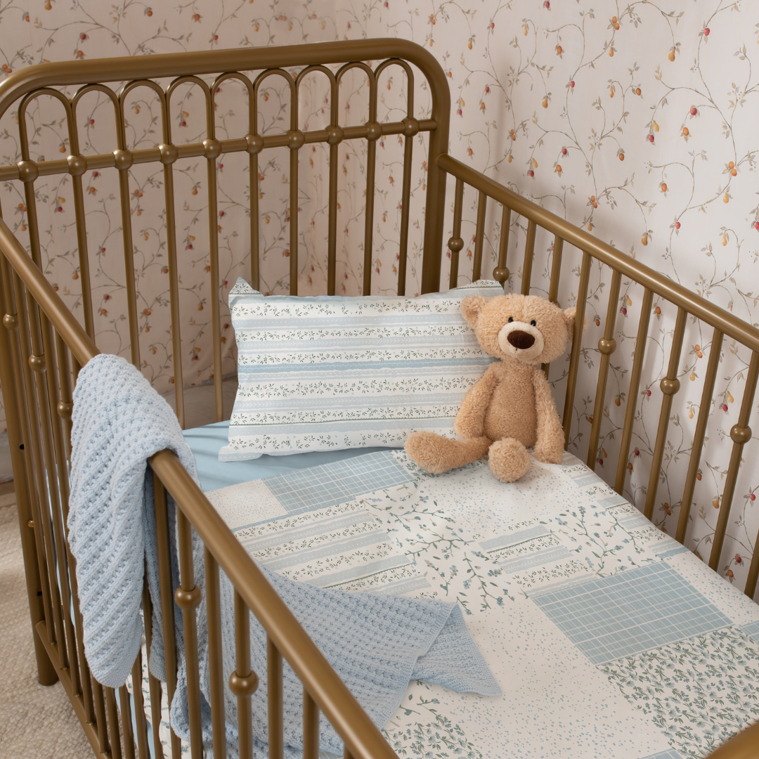 Flora Patchwork Crib Set Light Blue Grey