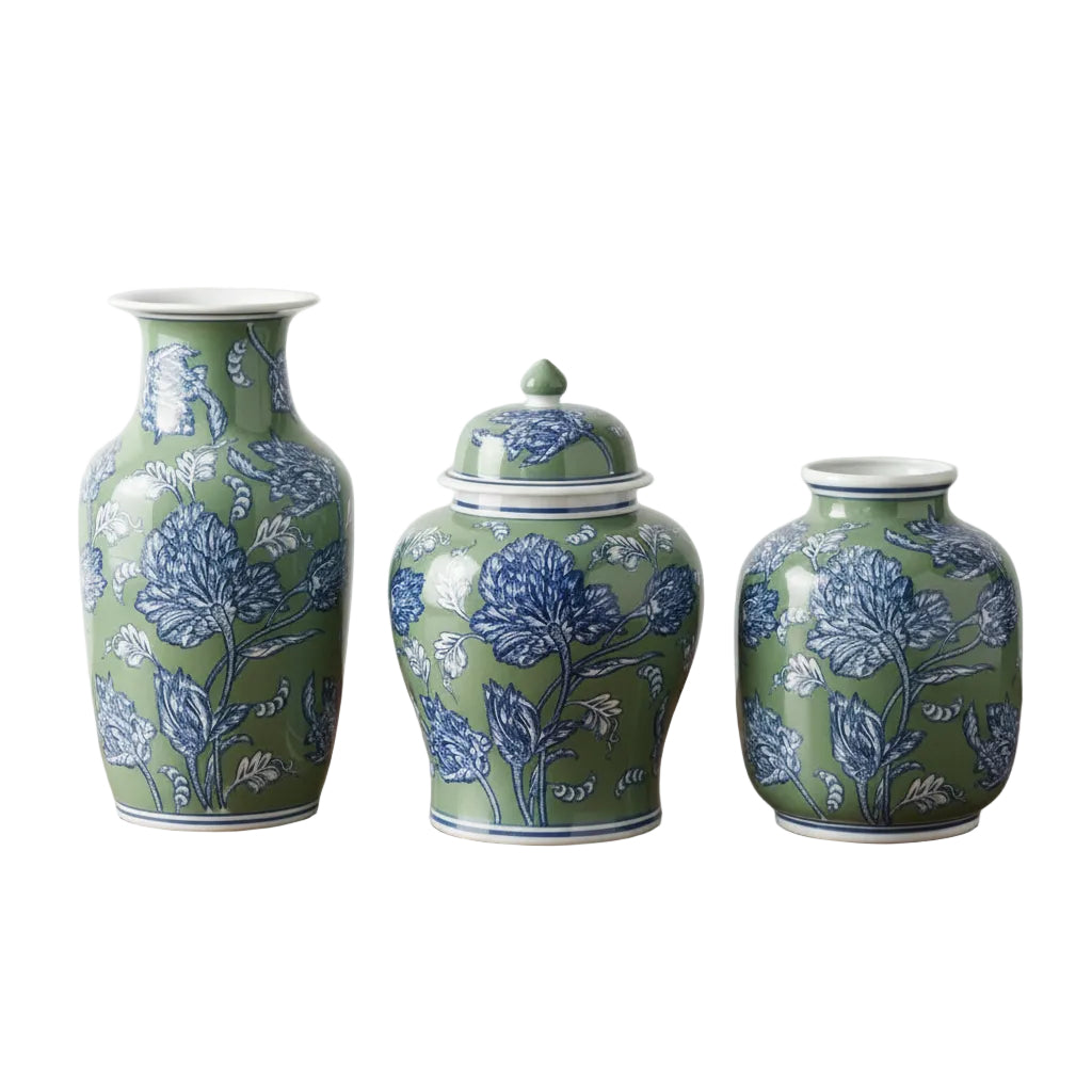 Blue, green and white ceramic vases and jar