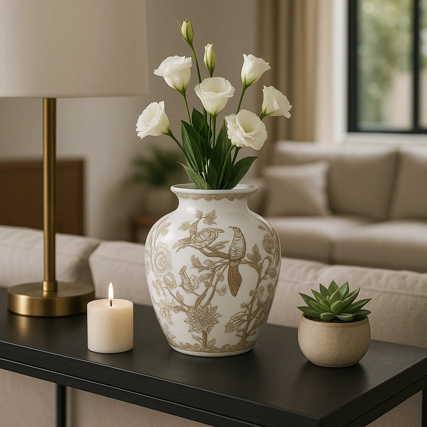 Brown Ceramic Birds and Vine Vase 10in