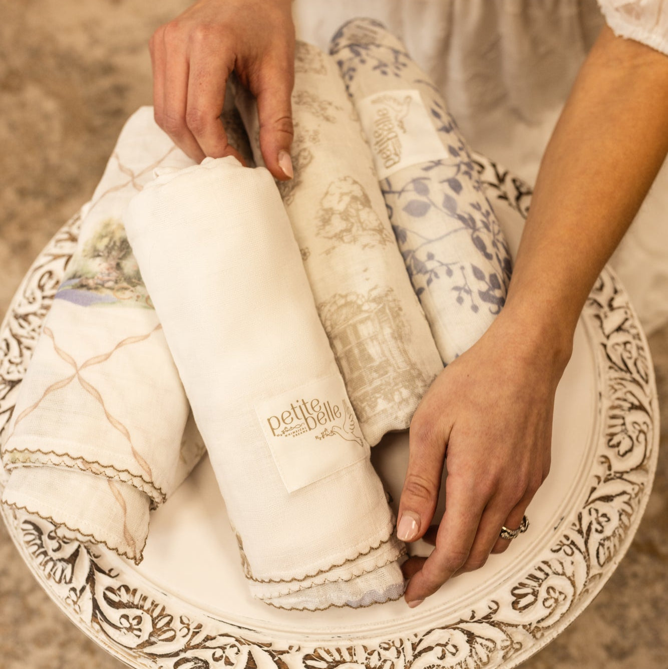 Petite Belle Taupe Safra Toile Swaddle & Burp Cloth Set