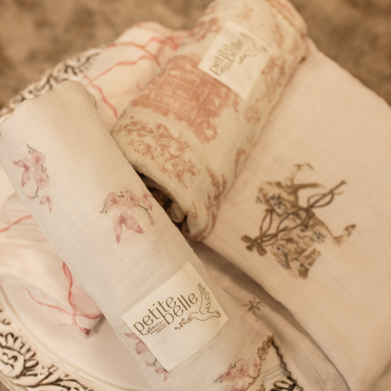Petite Belle Mauve Carousel Swaddle & Burp Cloth Set