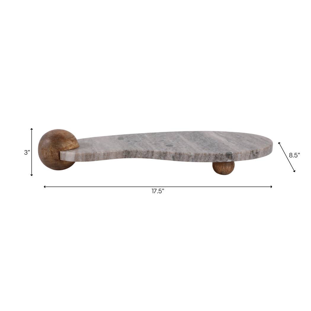 Decorative Tray - Beige Marble Curvy on Wood Ball Feet,17 in