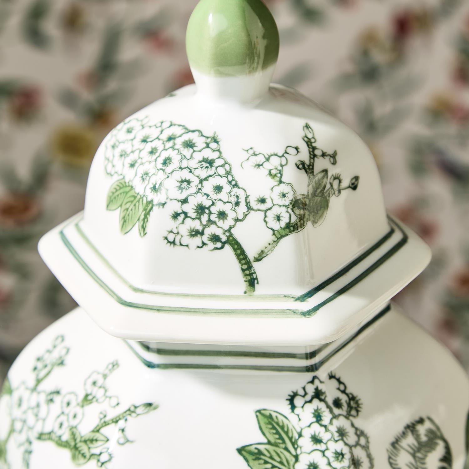 Primrose and Lotus Chinoiserie Hexagonal Jar with Lid- 14"