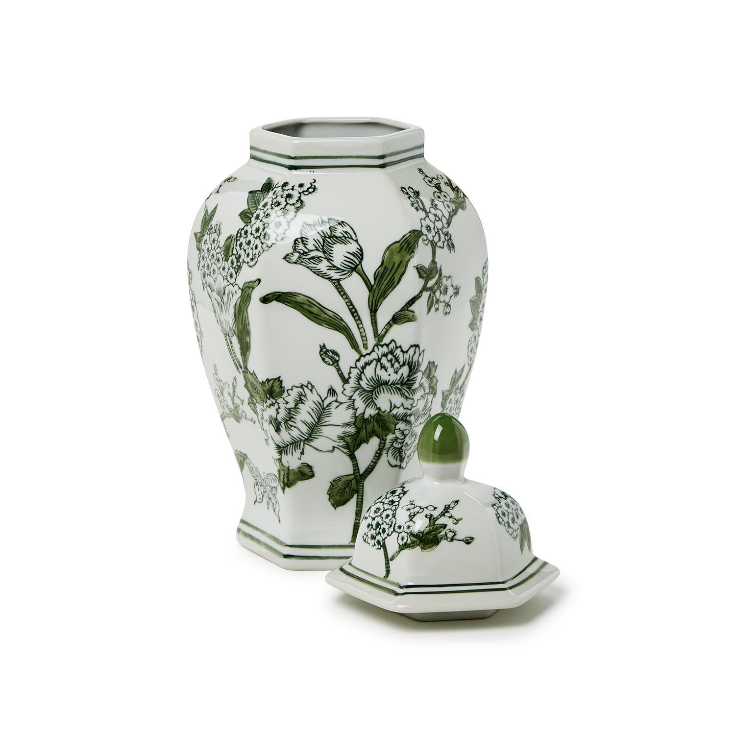 Primrose and Lotus Chinoiserie Hexagonal Jar with Lid- 14"