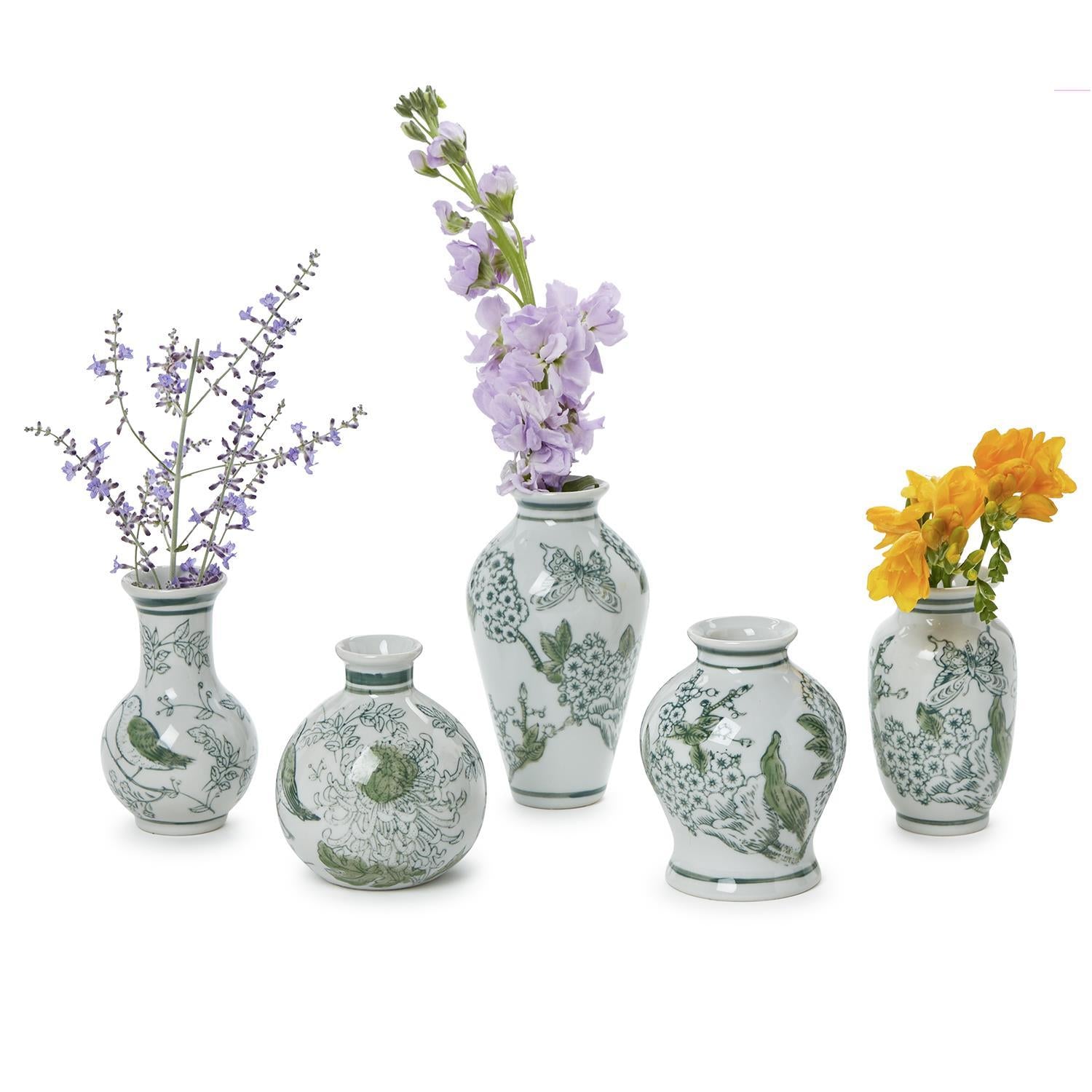 Primrose and Lotus Mini Green and White Chinoiserie Vases