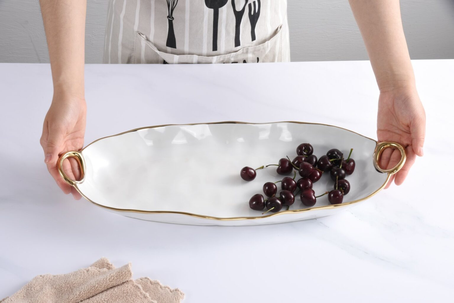 White Porcelain Deep Server with Gold Handles