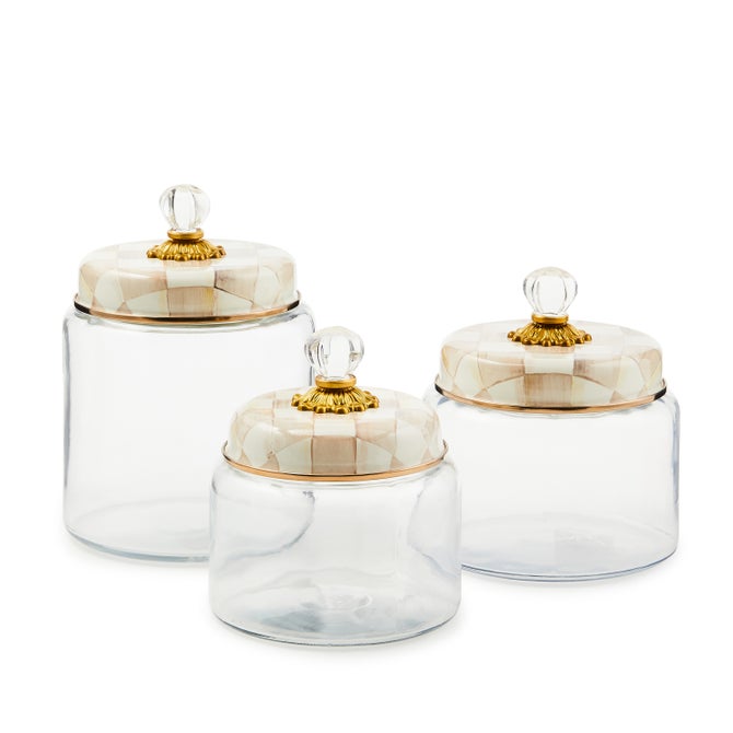 MacKenzie-Childs Mocha Check Glass Kitchen Canister
