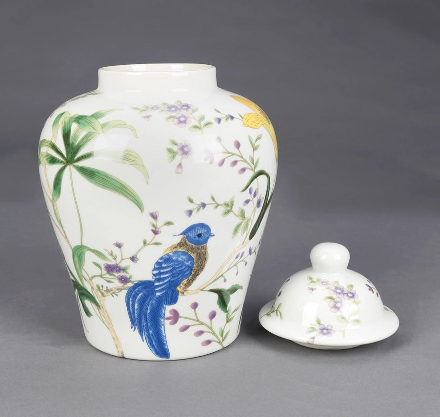White Porcelain 10" Ginger Jar with Bird & Botanical Design