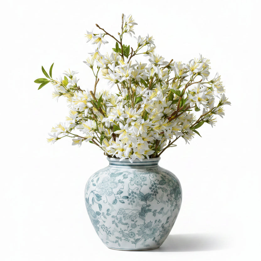 Flaura faux starflower in teal chinoiserie vase