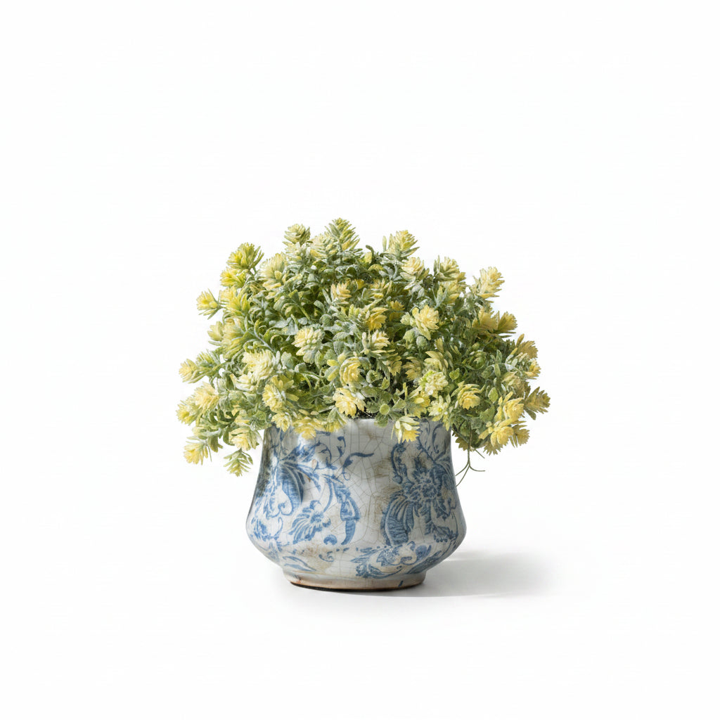 Flaura faux sedum bush in blue floral pot