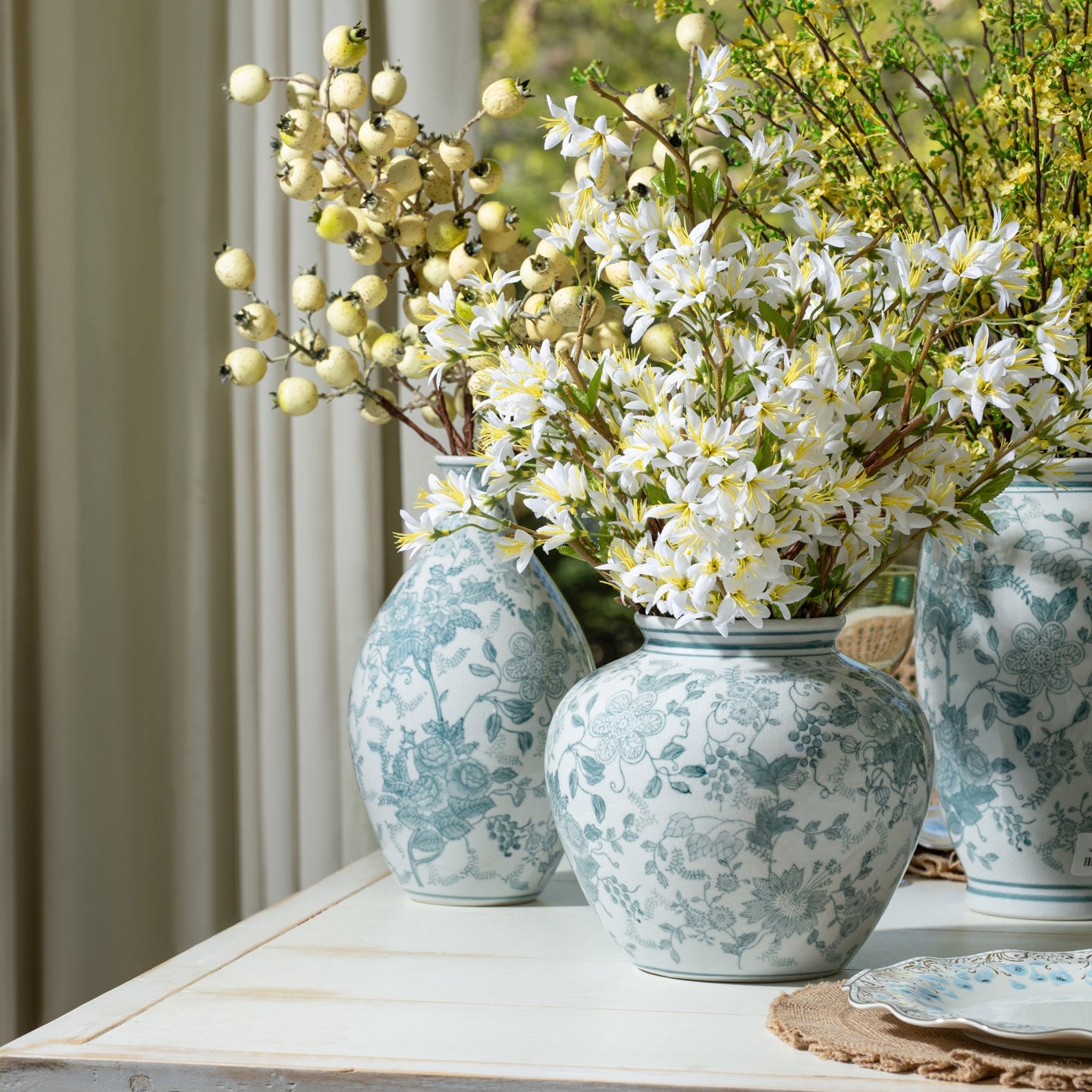 Flaura Starflower Spray in Teal Chinoiserie Vase