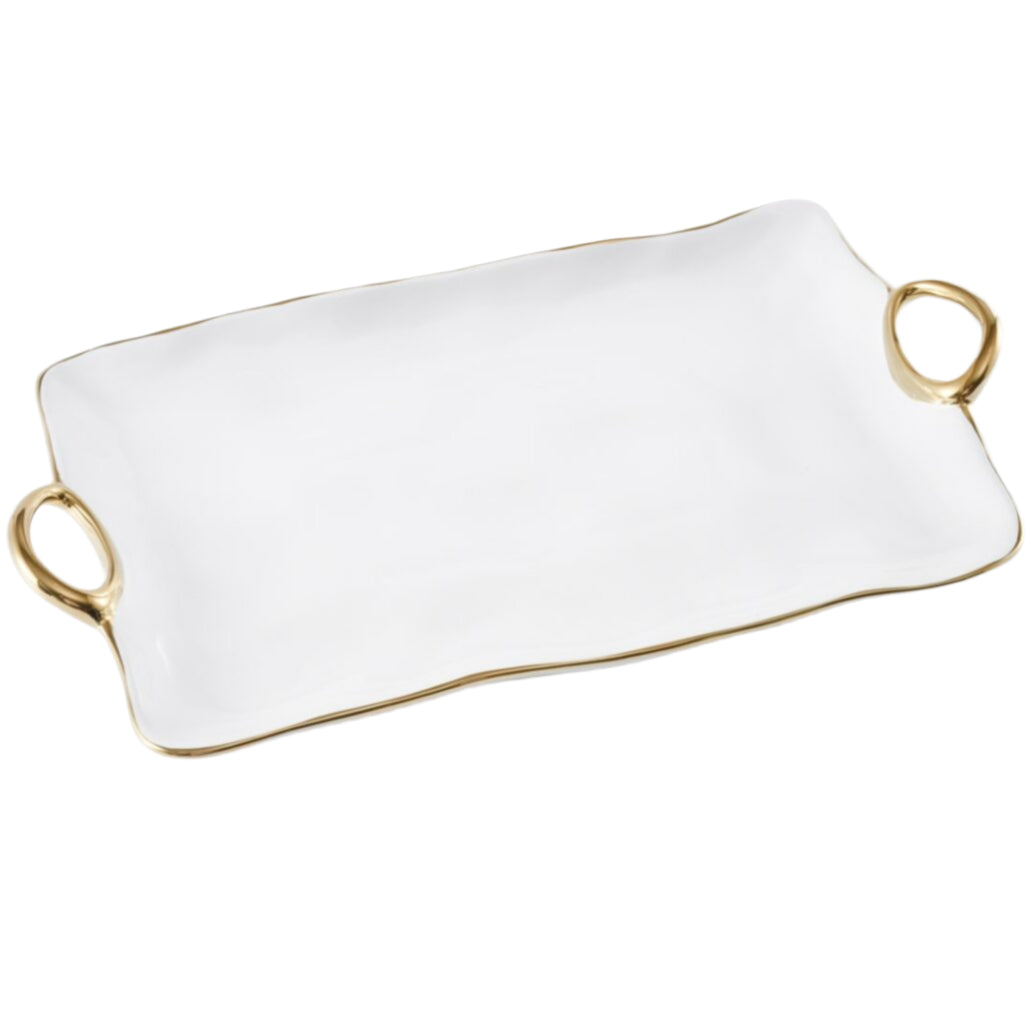 White Porcelain Platter with Gold Handles