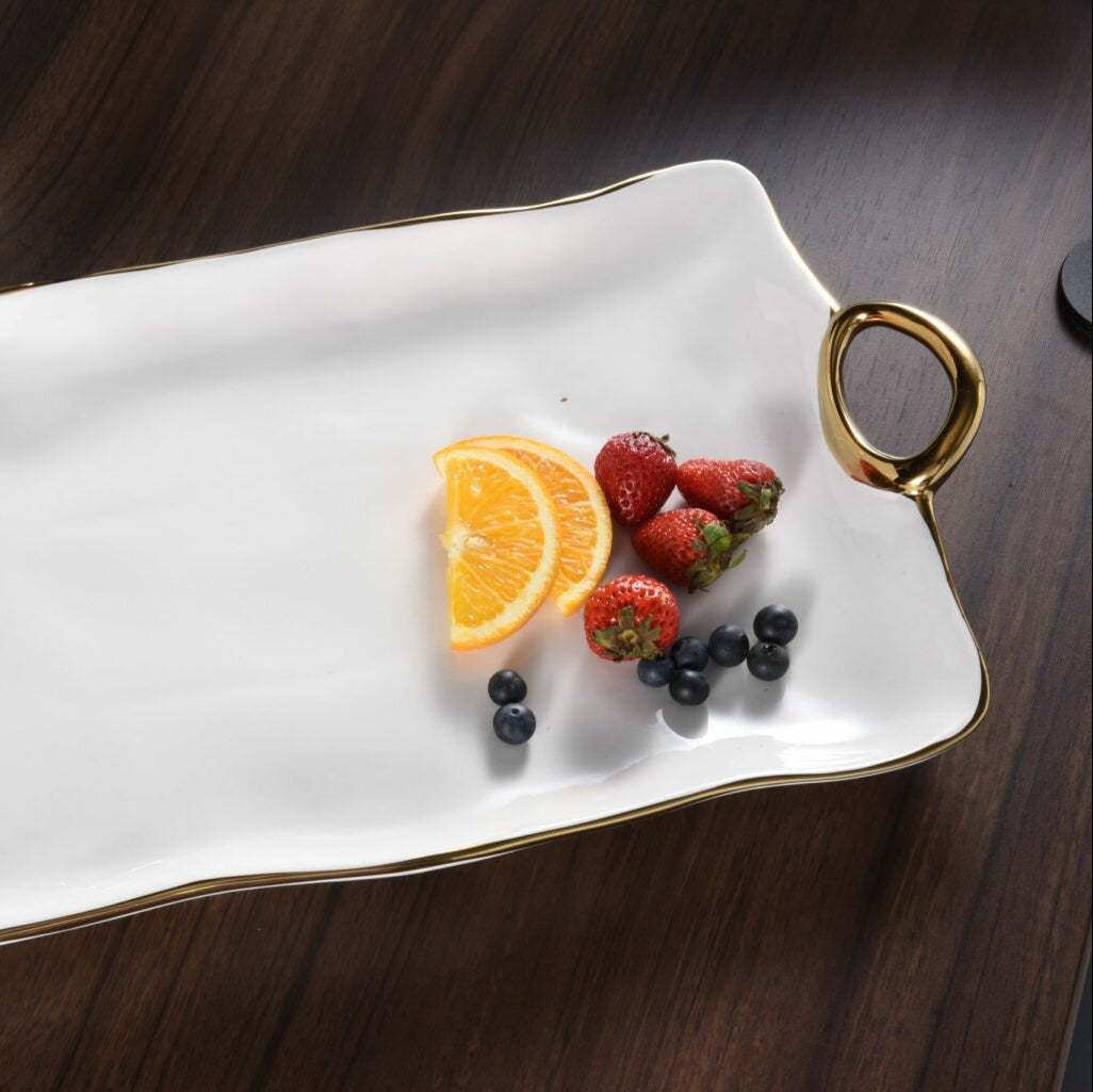 White Porcelain Platter with Gold Handles