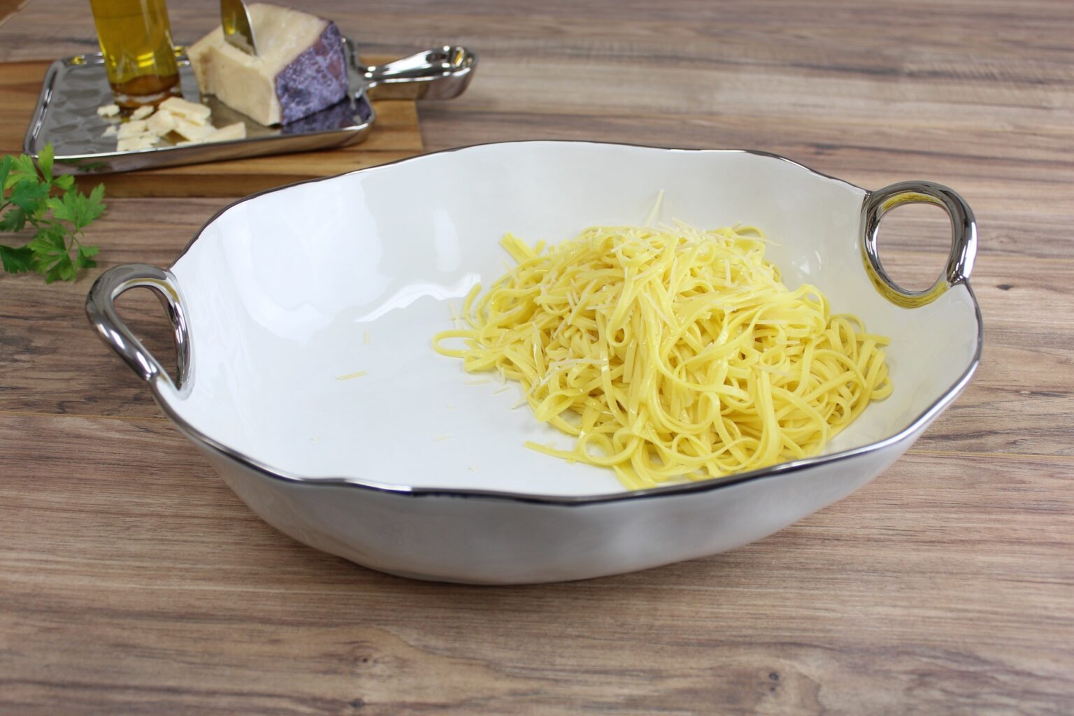 White Porcelain Deep Oval Server with Silver Handles