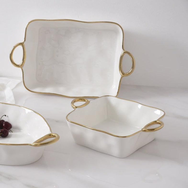 White Porcelain with Metallic Handles Baking Dish