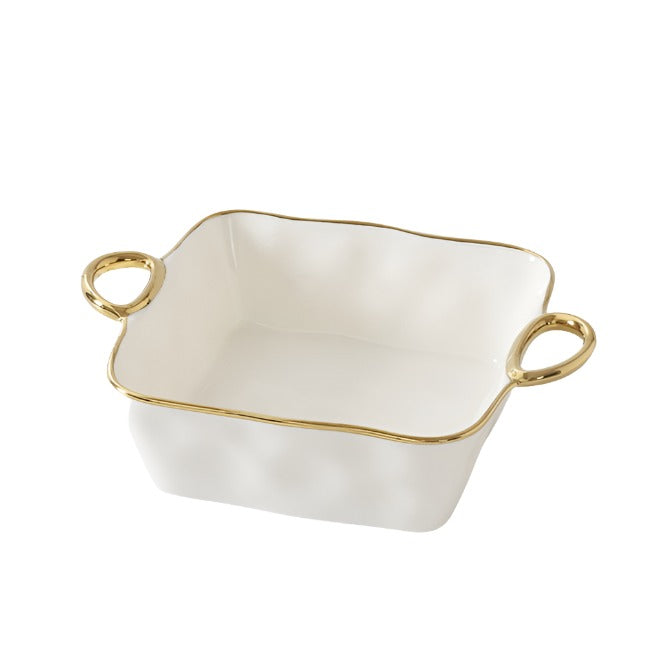 White Porcelain with Metallic Handles Baking Dish