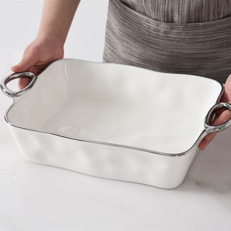 White Porcelain with Metallic Handles Baking Dish