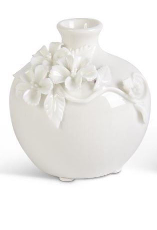 Short White Ceramic Vase with Raised Flowers