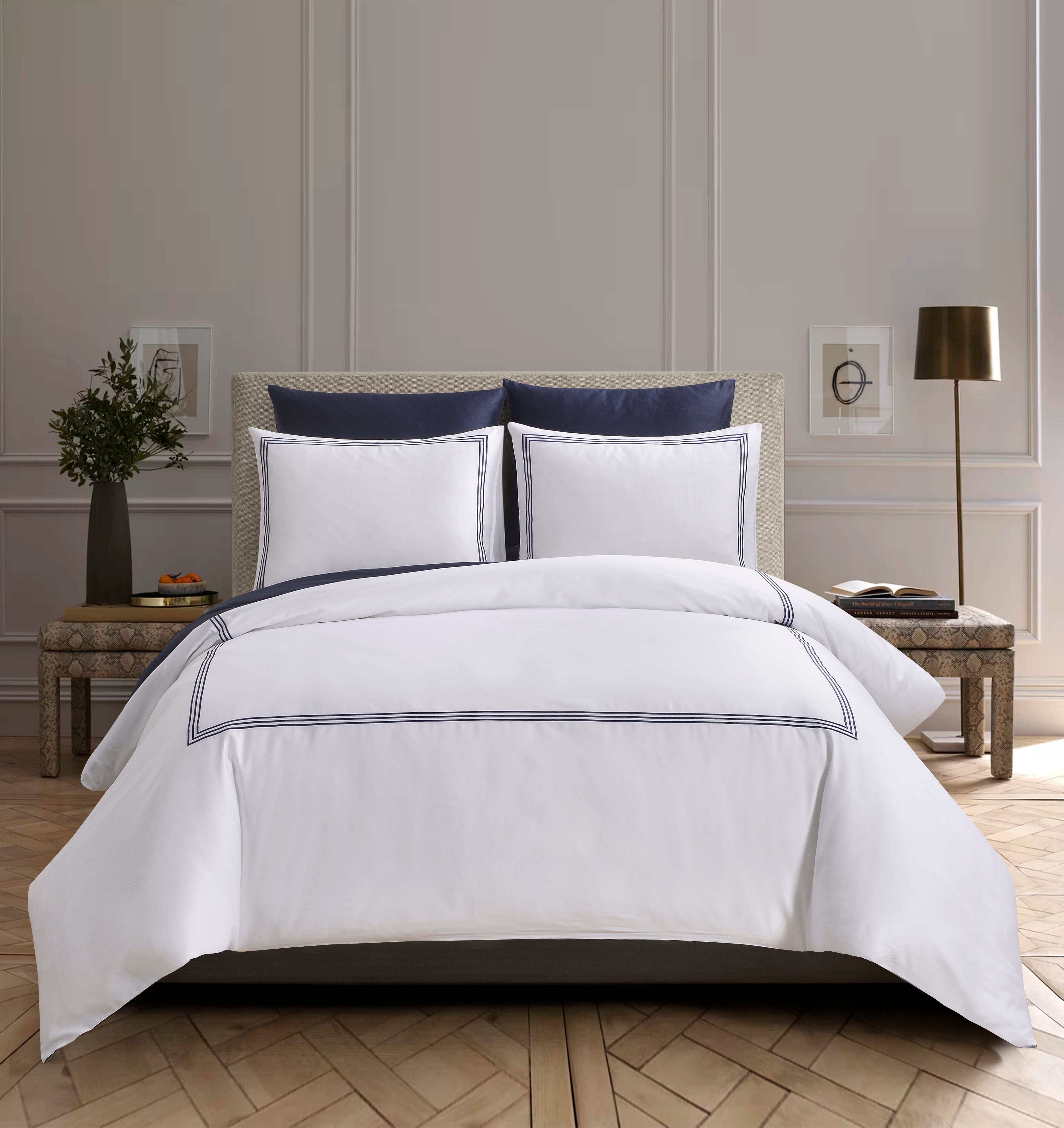 Aura Home Navy Embroidered Hotel Duvet Set