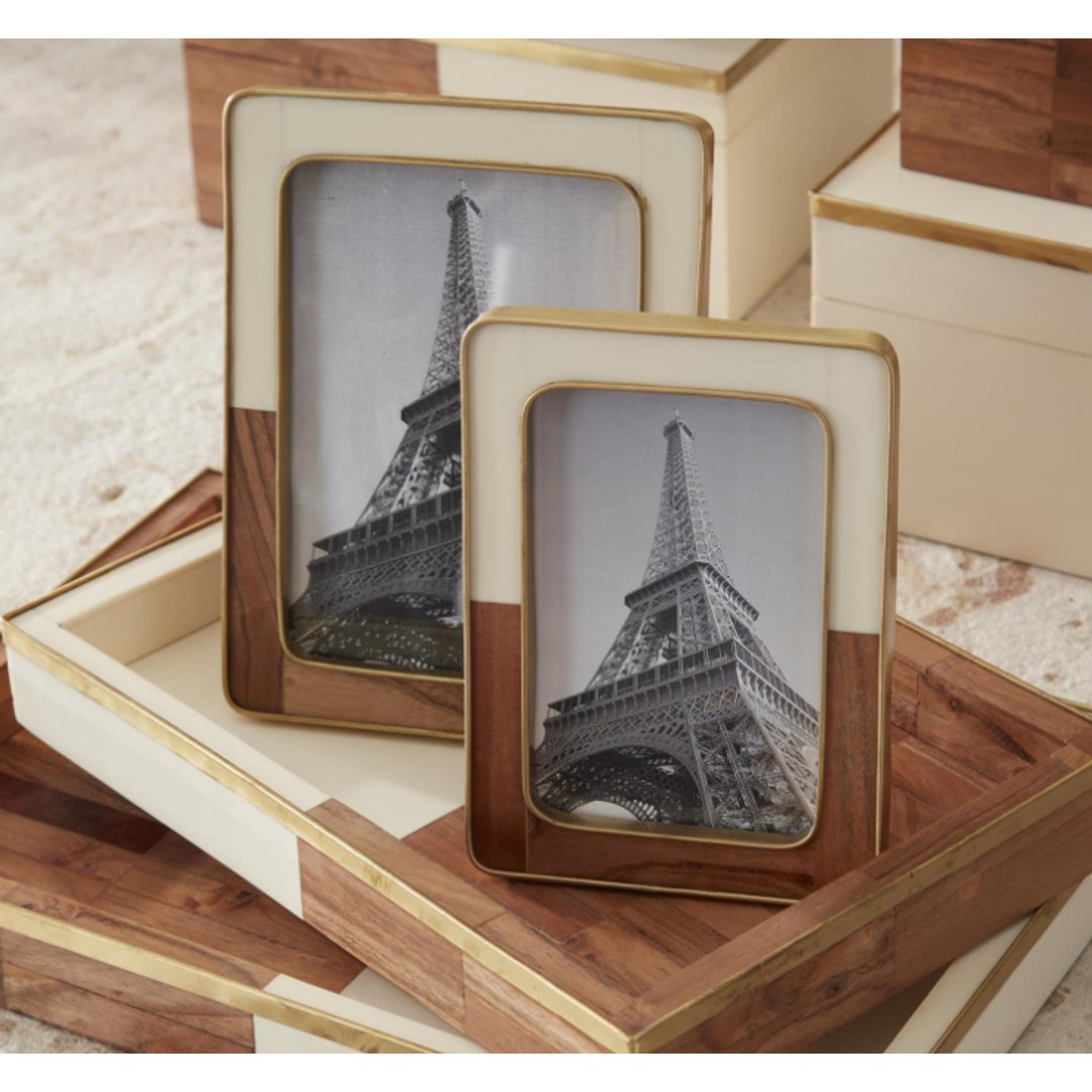 Gold Metal Trim Cream & Teak Wood Tile Photo Frames — 4x6