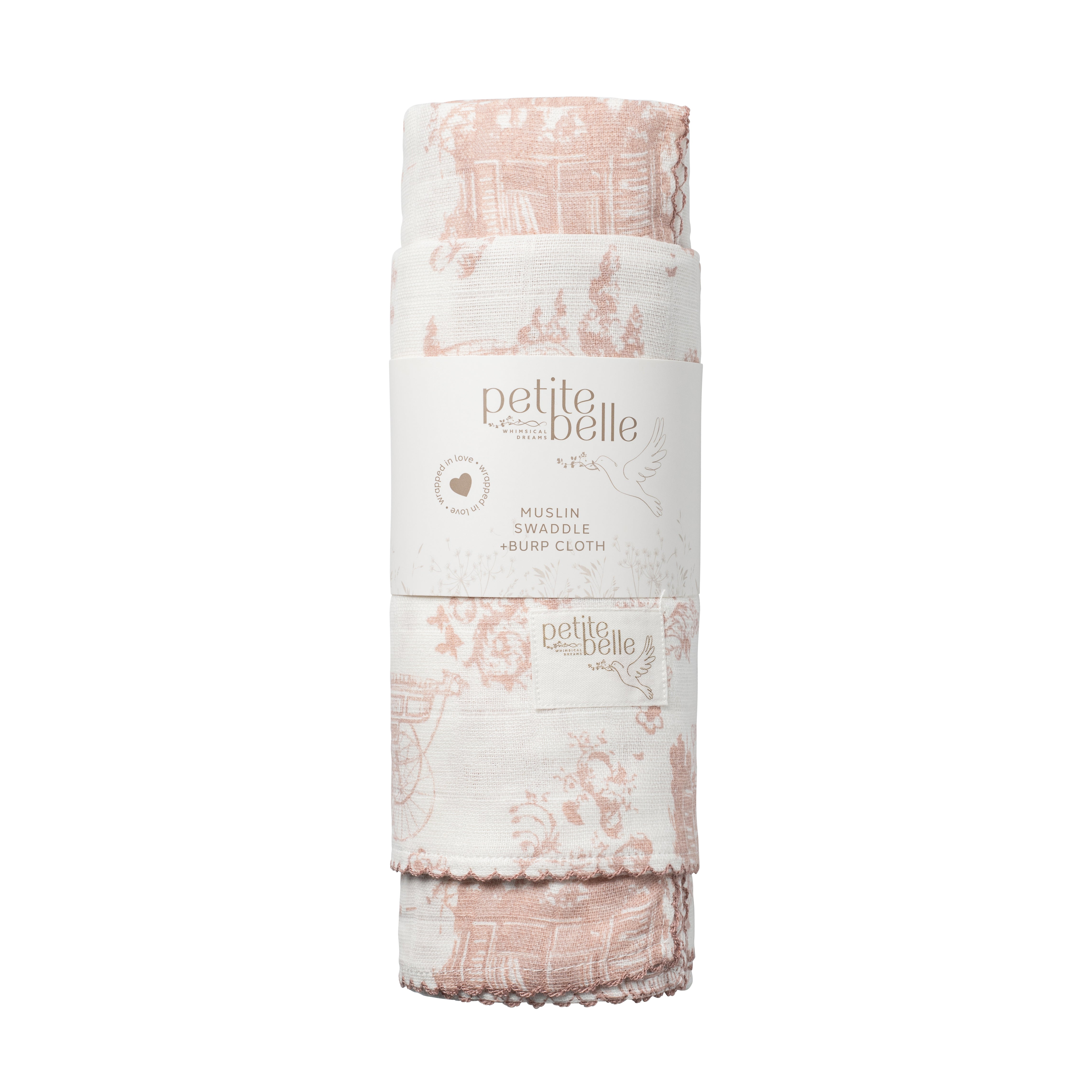 Petite Belle Rose Pink Safra Toile Swaddle & Burp Cloth Set