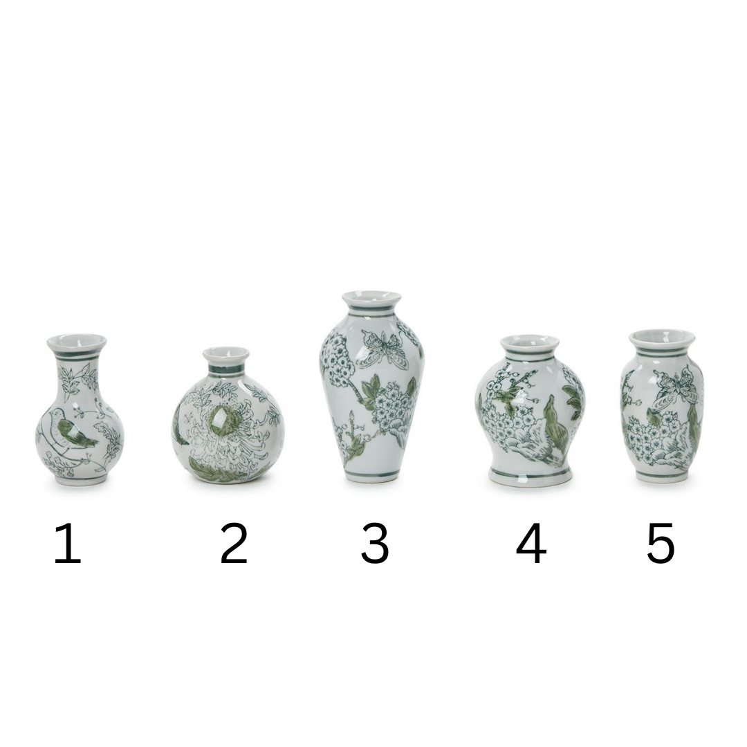 Primrose and Lotus Mini Green and White Chinoiserie Vases