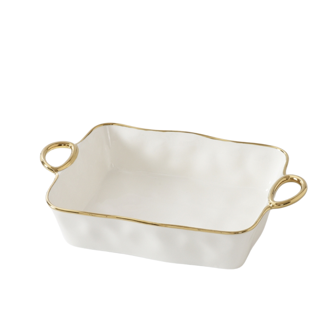 White Porcelain with Metallic Handles Baking Dish