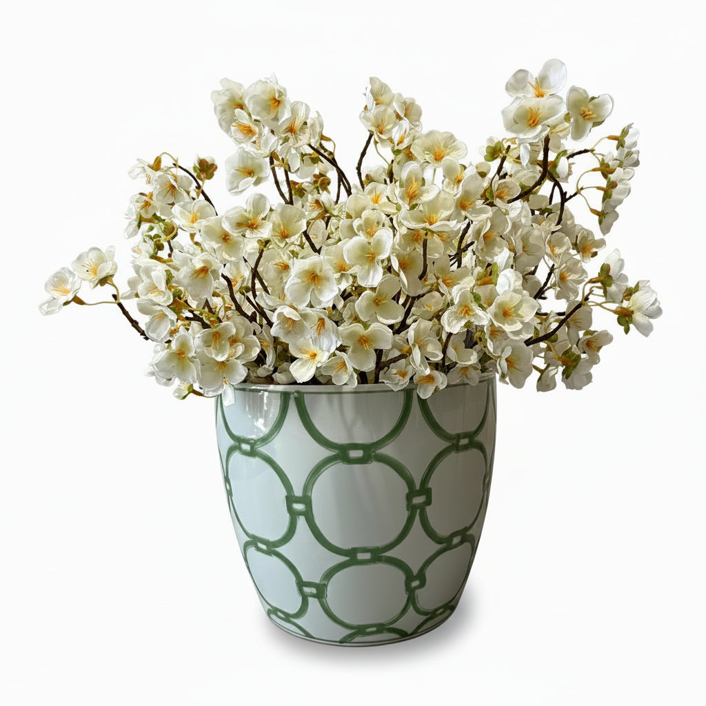 Flaura White Cherry Blossom Spray in Chain Pot