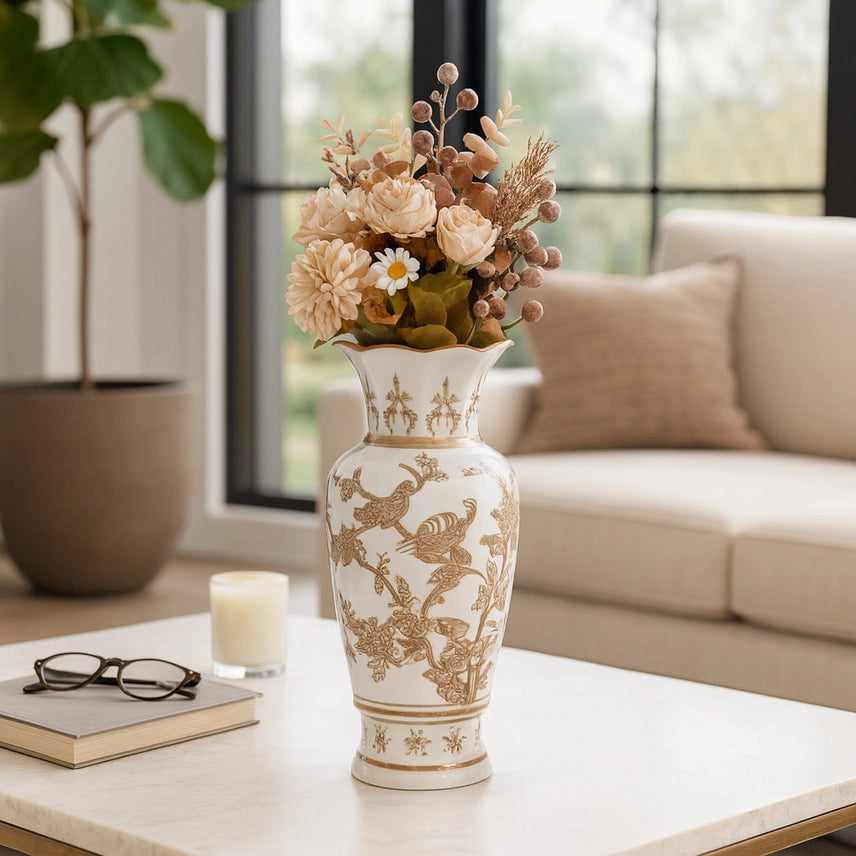 Brown Ceramic Birds and Vine Vase 12in