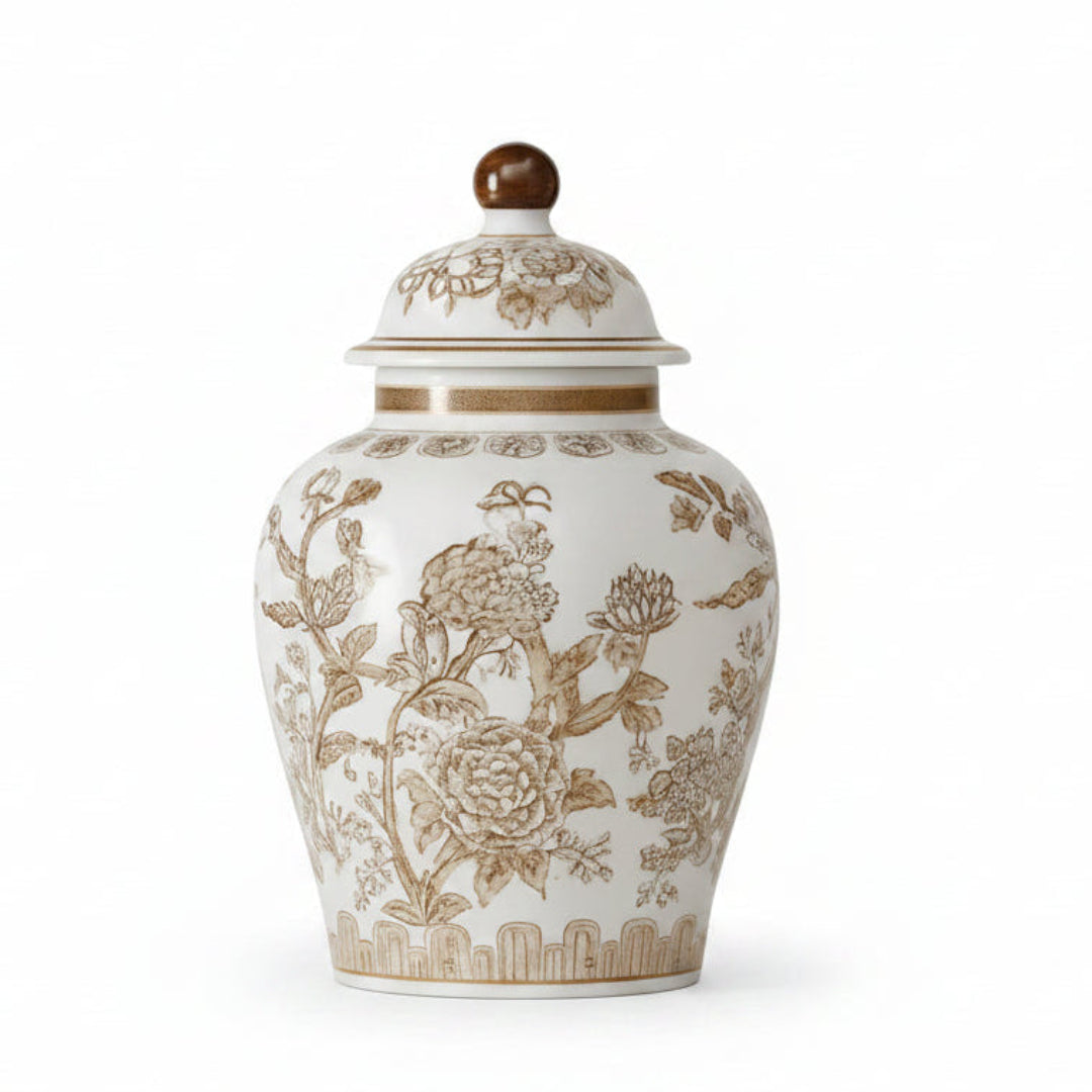 Brown birds and vine ceramic jar