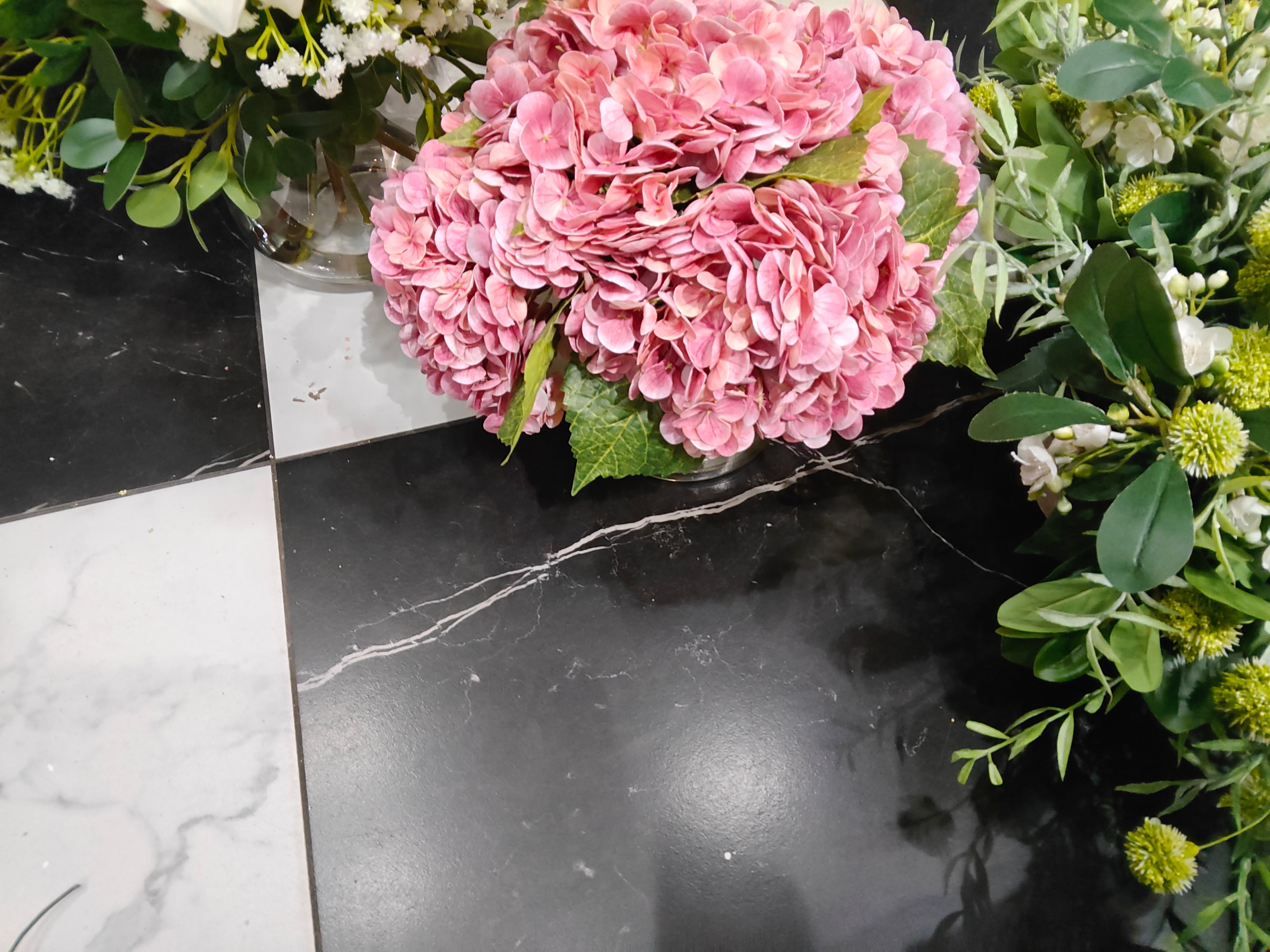 Flaura faux pink hydrangeas in glass