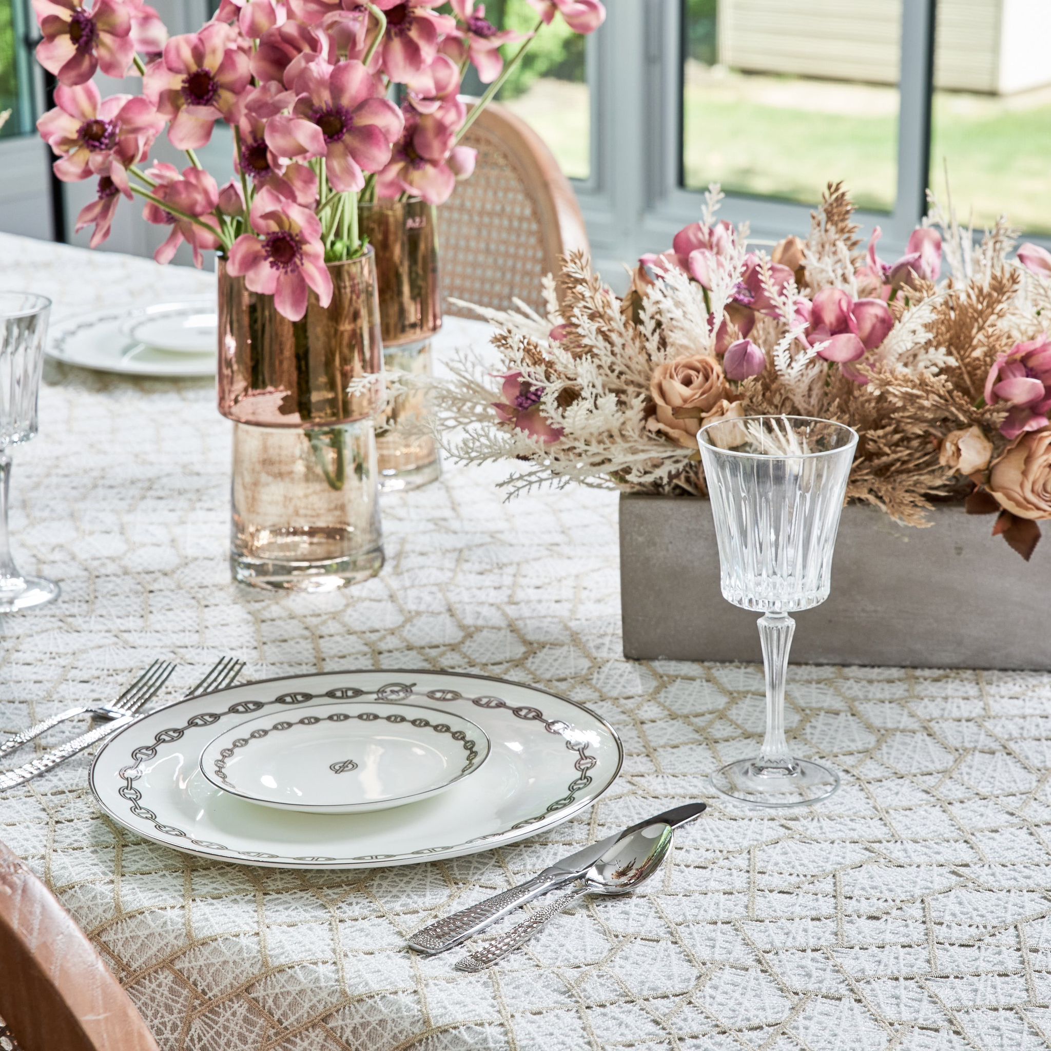 Adorn Your Table Sherlin Lace White and Taupe Lined Tablecloth