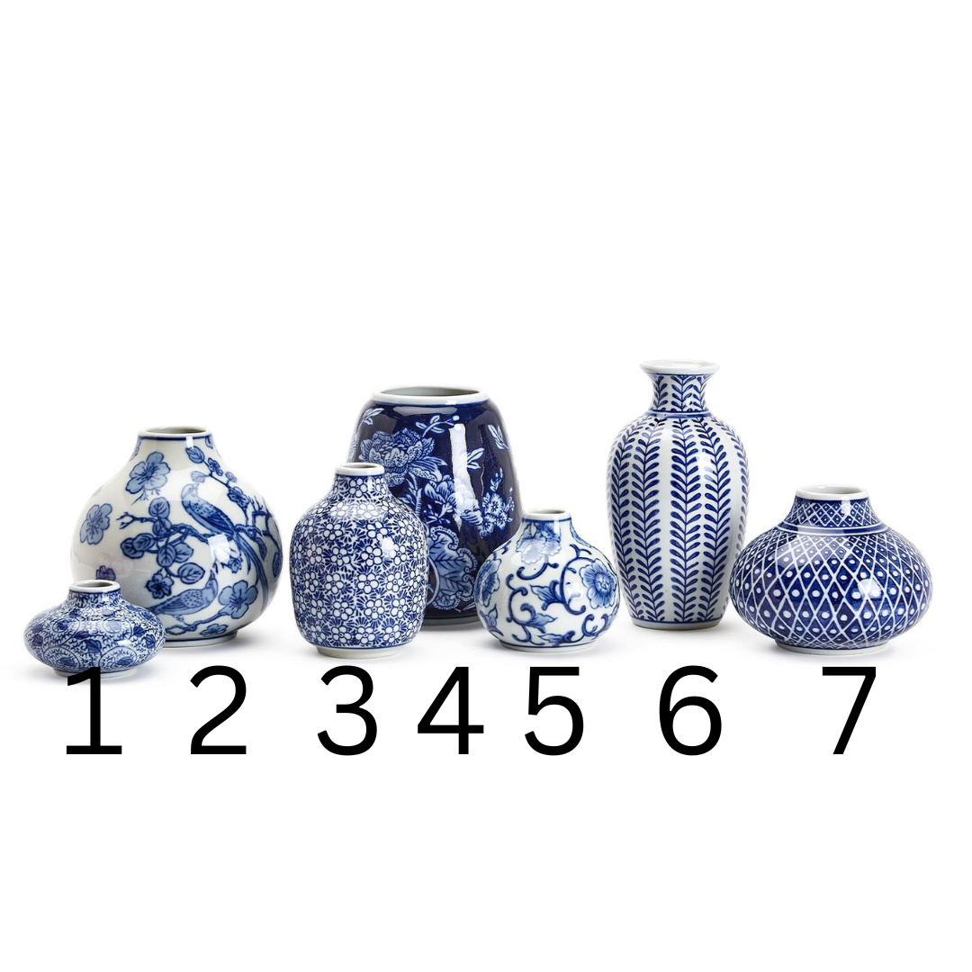 Blue and White Stoneware Hand-Painted Bud Vases