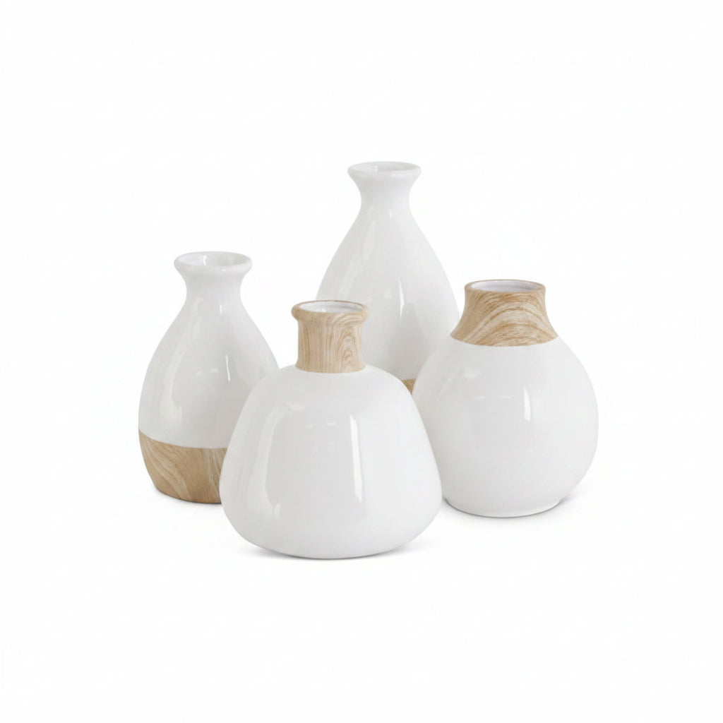 White stoneware vase with wood decal base