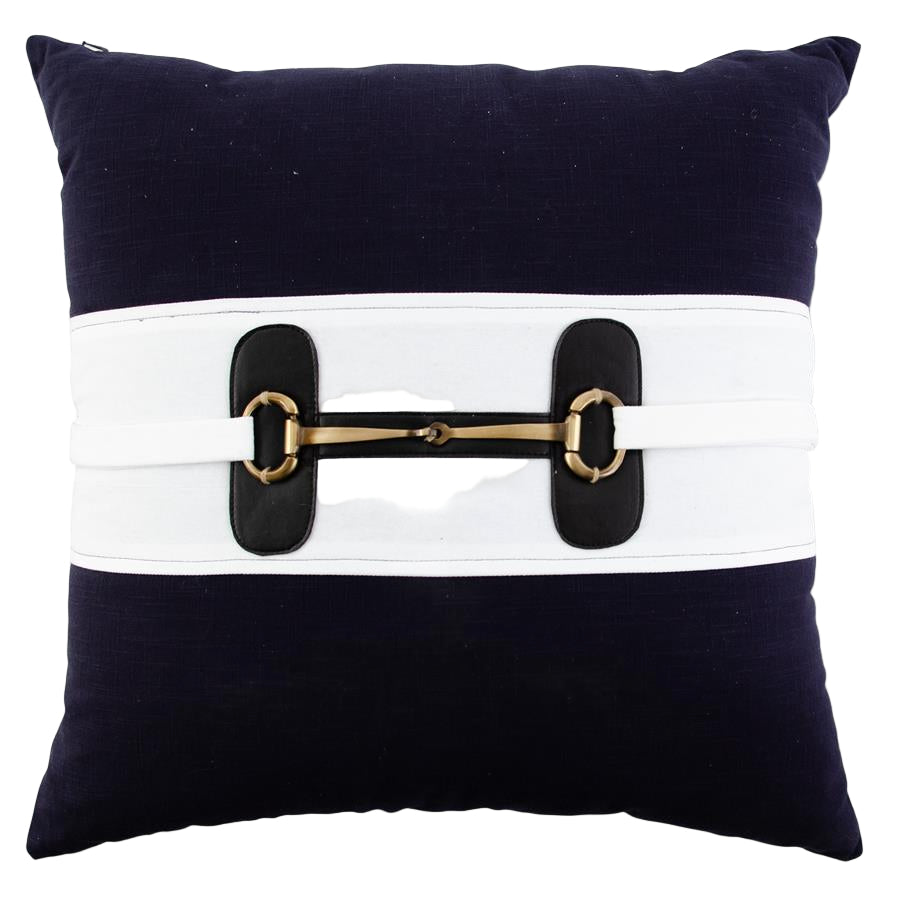 Navy Linen Pillow w/Black Vegan Leather & Gold Horse Bit