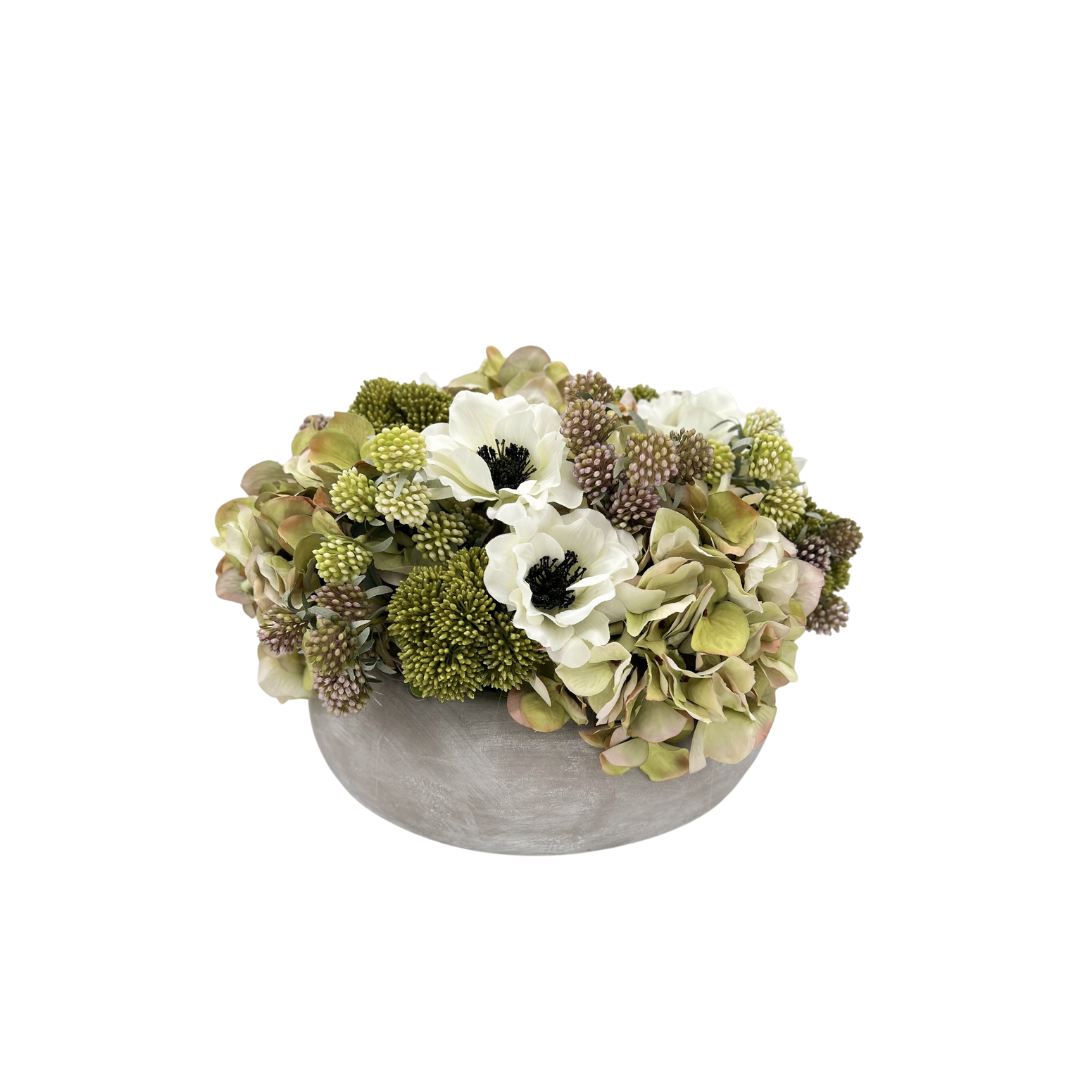 Flaura Anemone and Hydrangea in Cement Pot