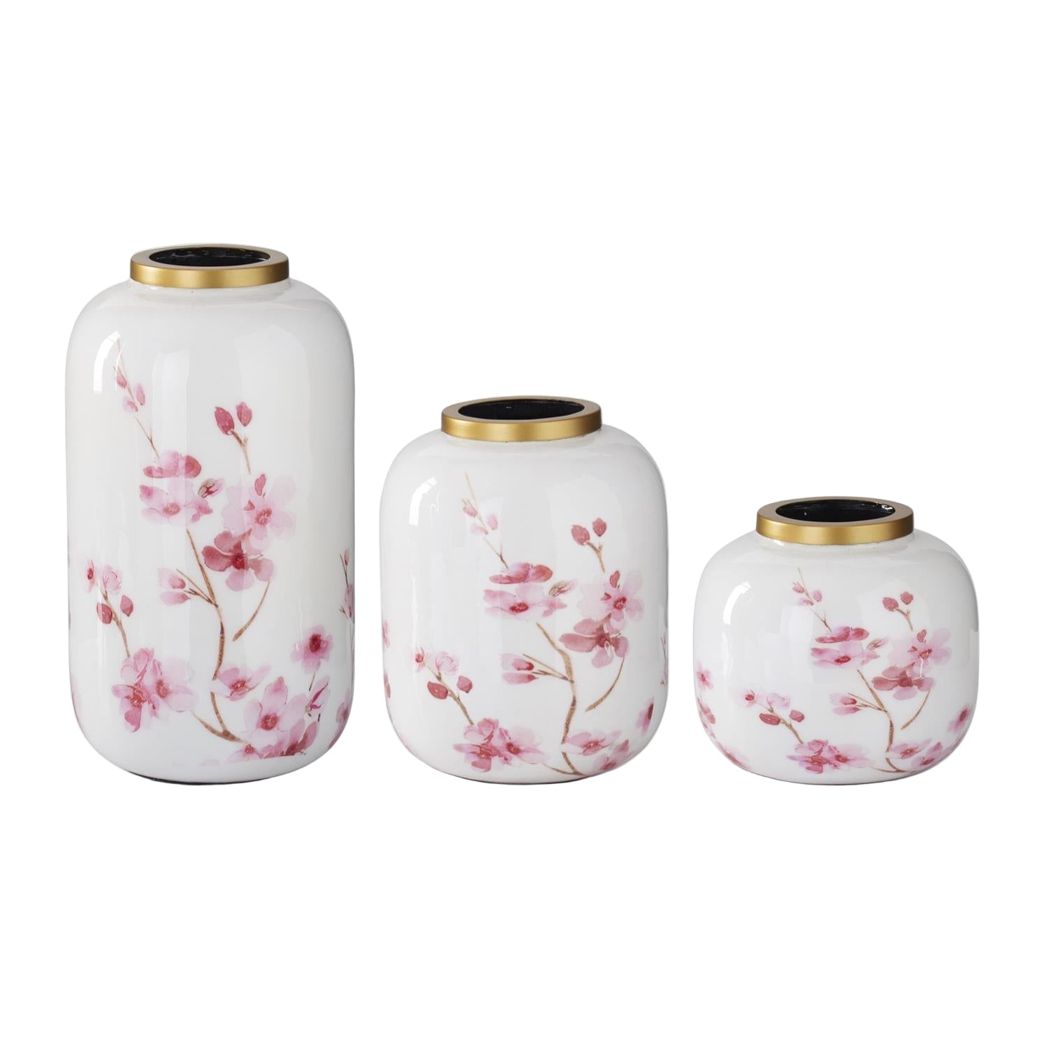 White & Pink Cherry Blossom Enameled Vases w/Gold Rim