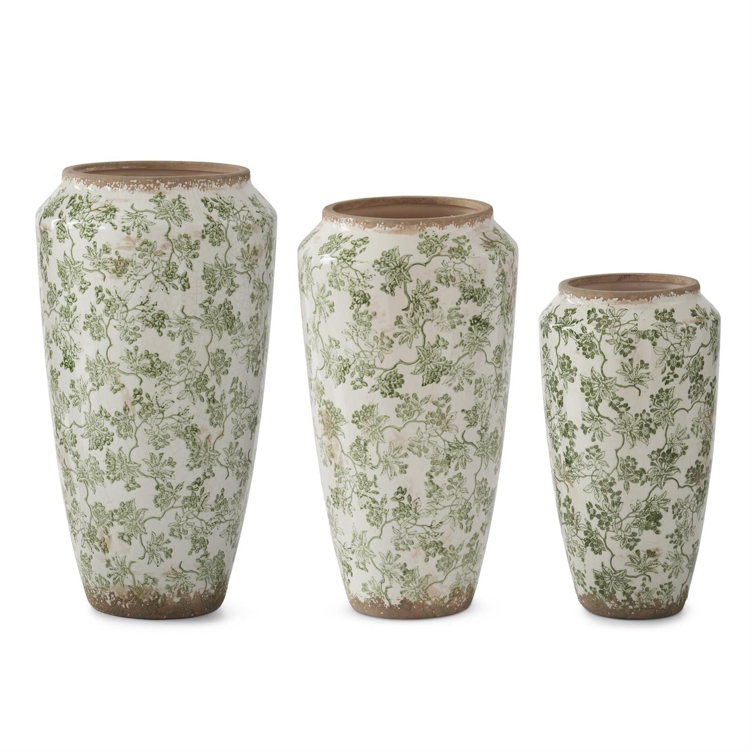 Green & Cream Crackled Ceramic Chinoiserie Vases