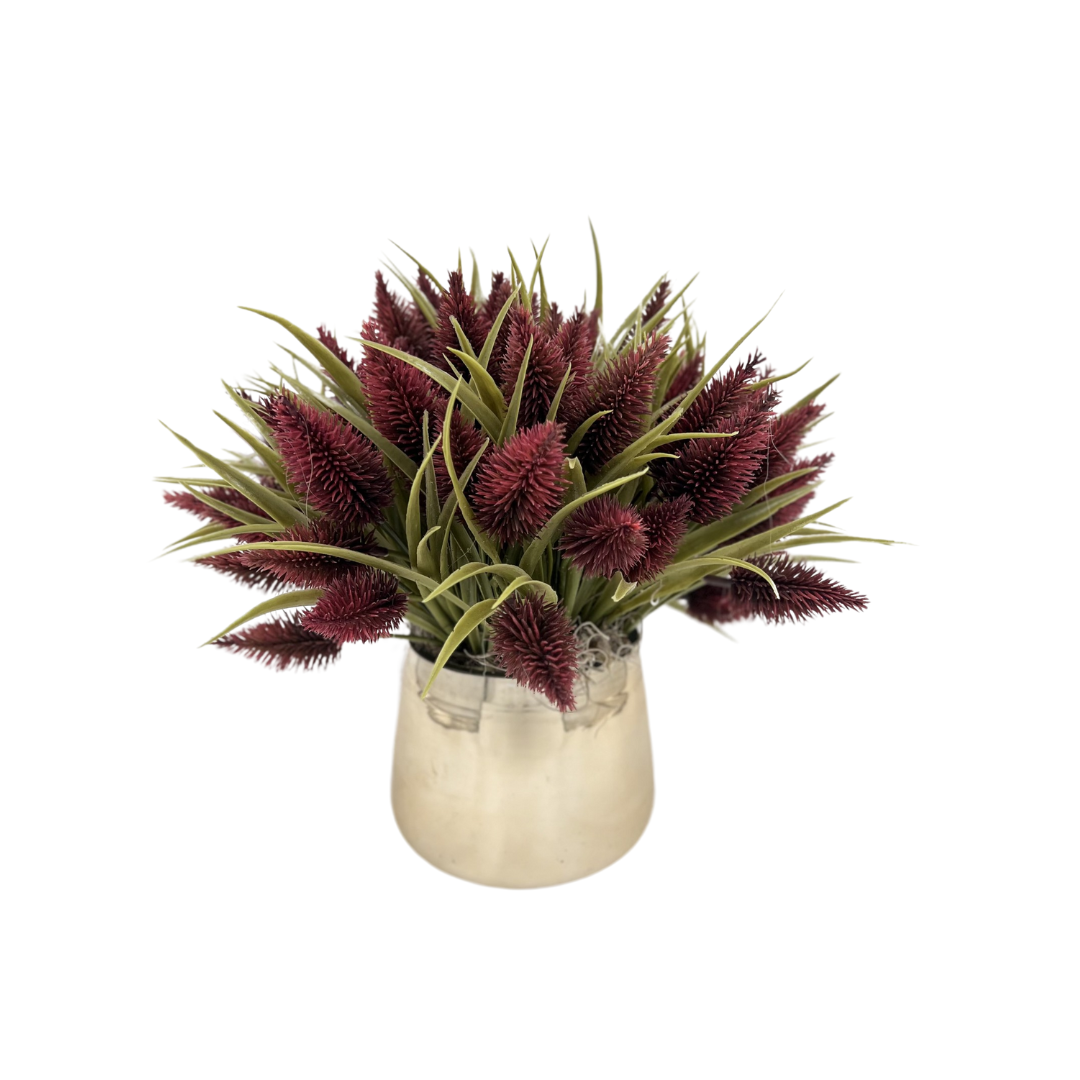 Flaura Burgundy with Grass Arrangement in Gold Pot