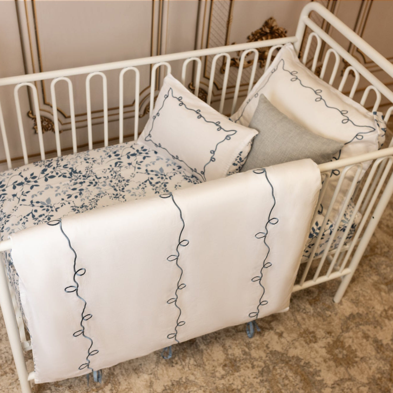 Petite Belle Lafayette Powder Blue Embroidered Crib Set