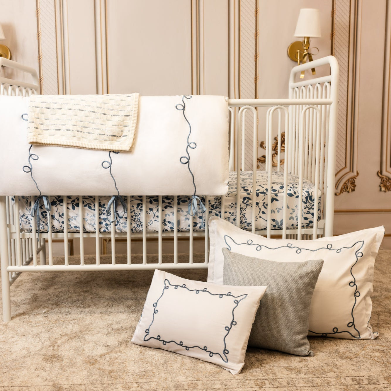 Petite Belle Lafayette Powder Blue Embroidered Crib Set