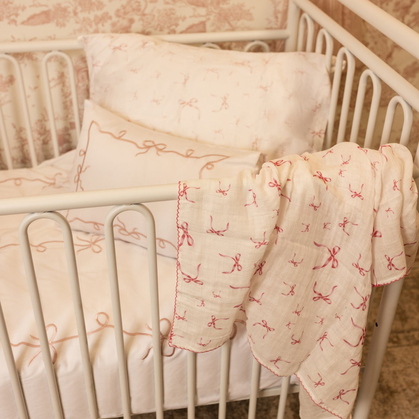 Petite Belle Lafayette Pink Lace Embroidered Crib Set