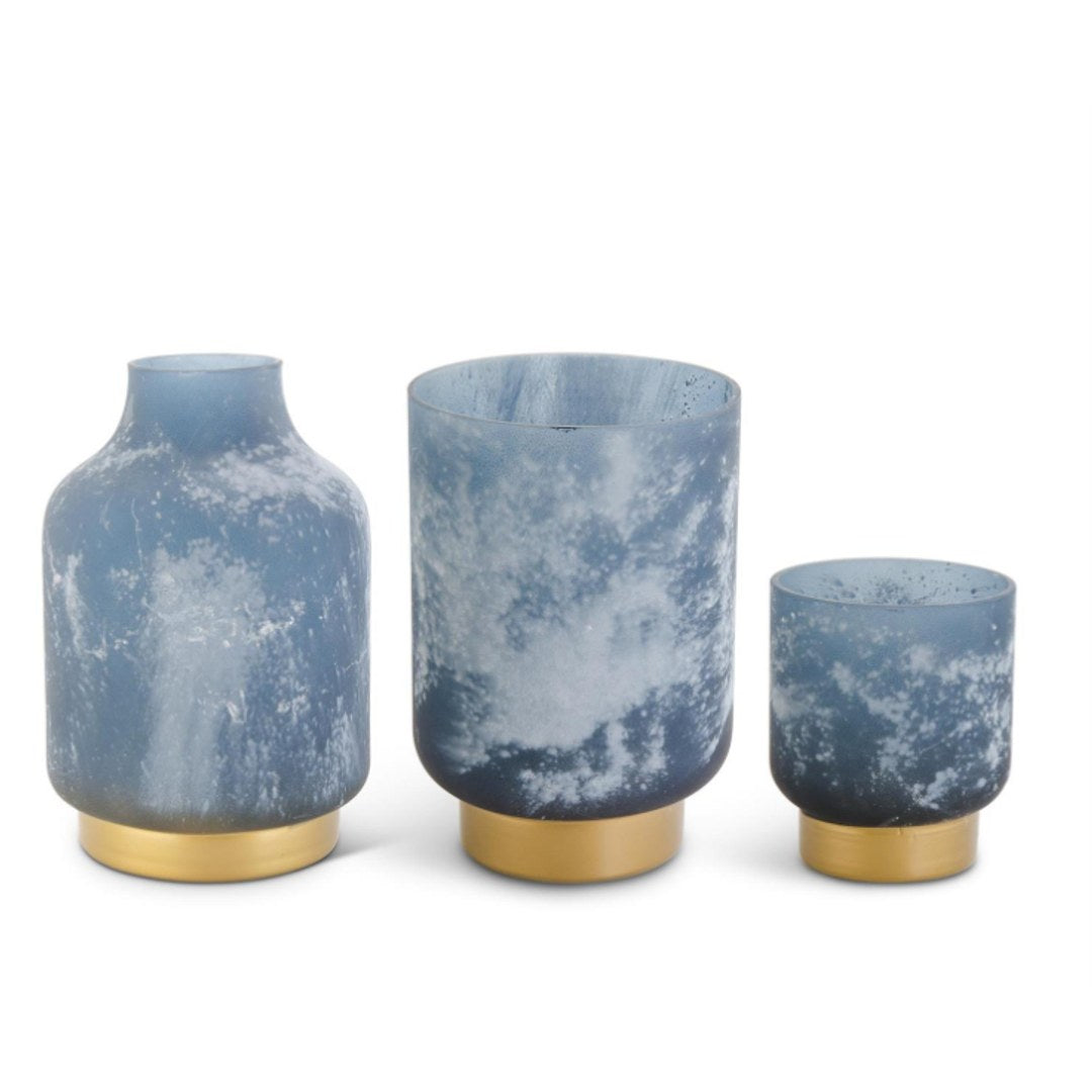 Set of 3 Frosted Blue Glass Containers w/Gold Bases — Medium