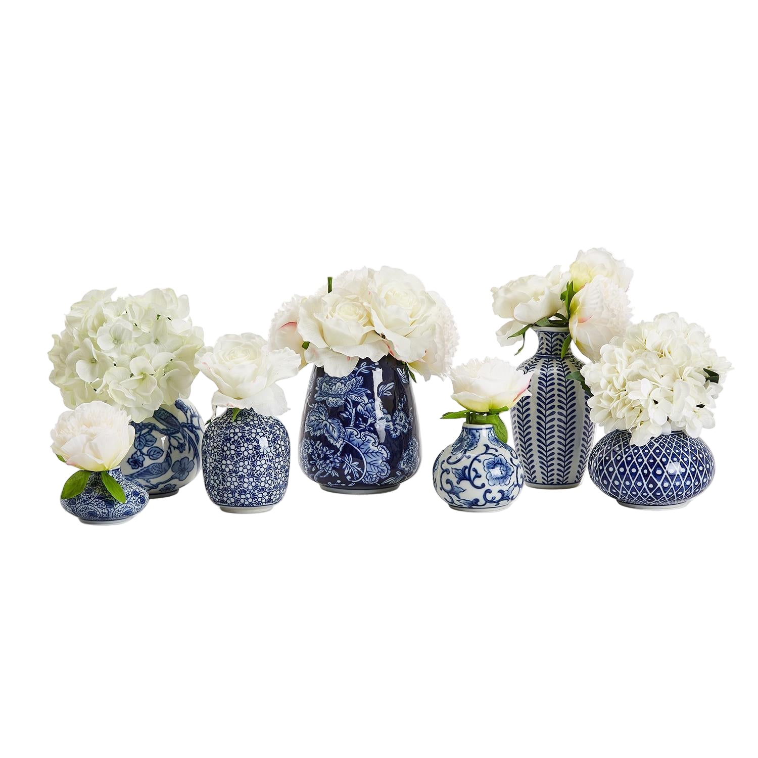 Blue and White Stoneware Hand-Painted Bud Vases