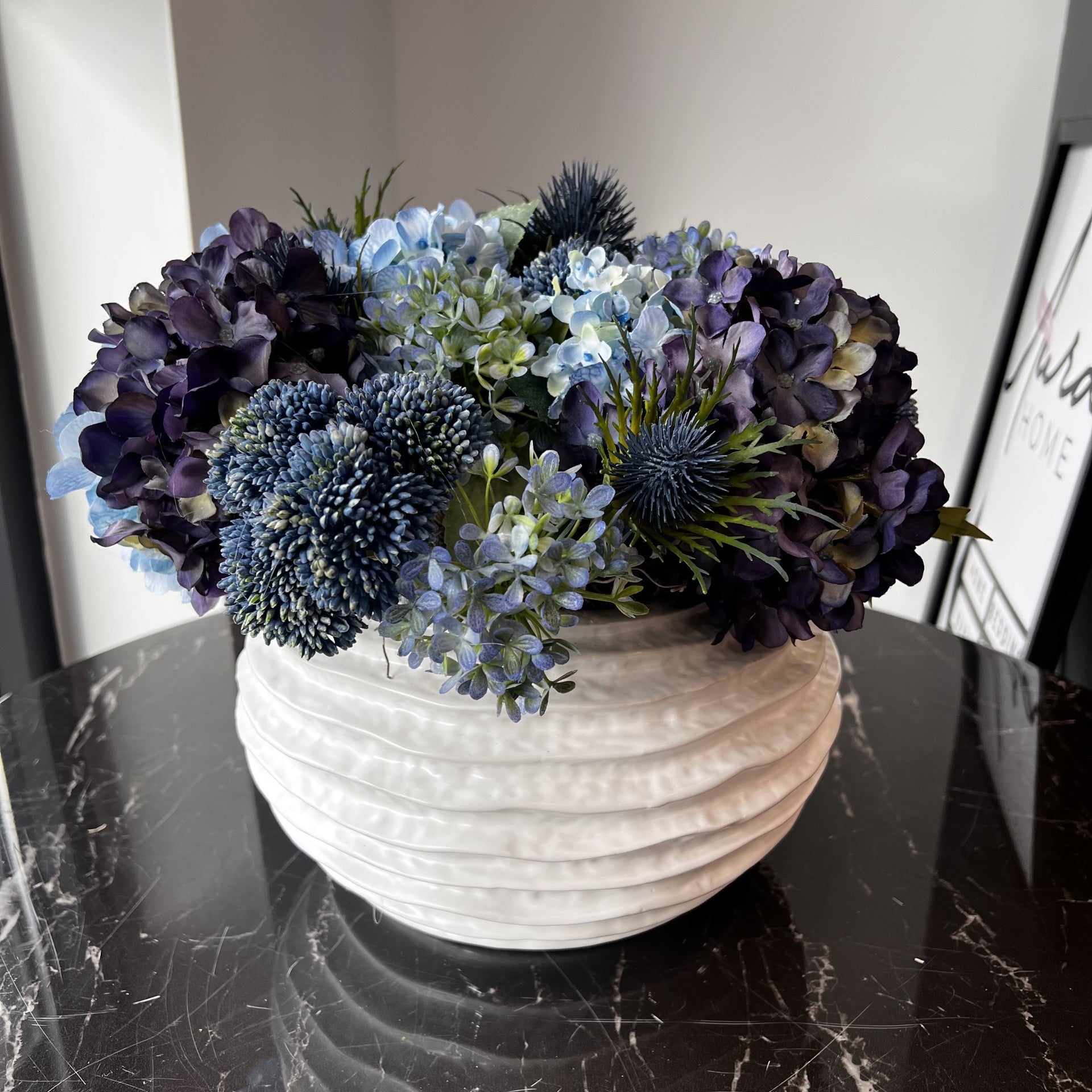 Flaura Dark Blue Hydrangea Sedum in Wavy Pot