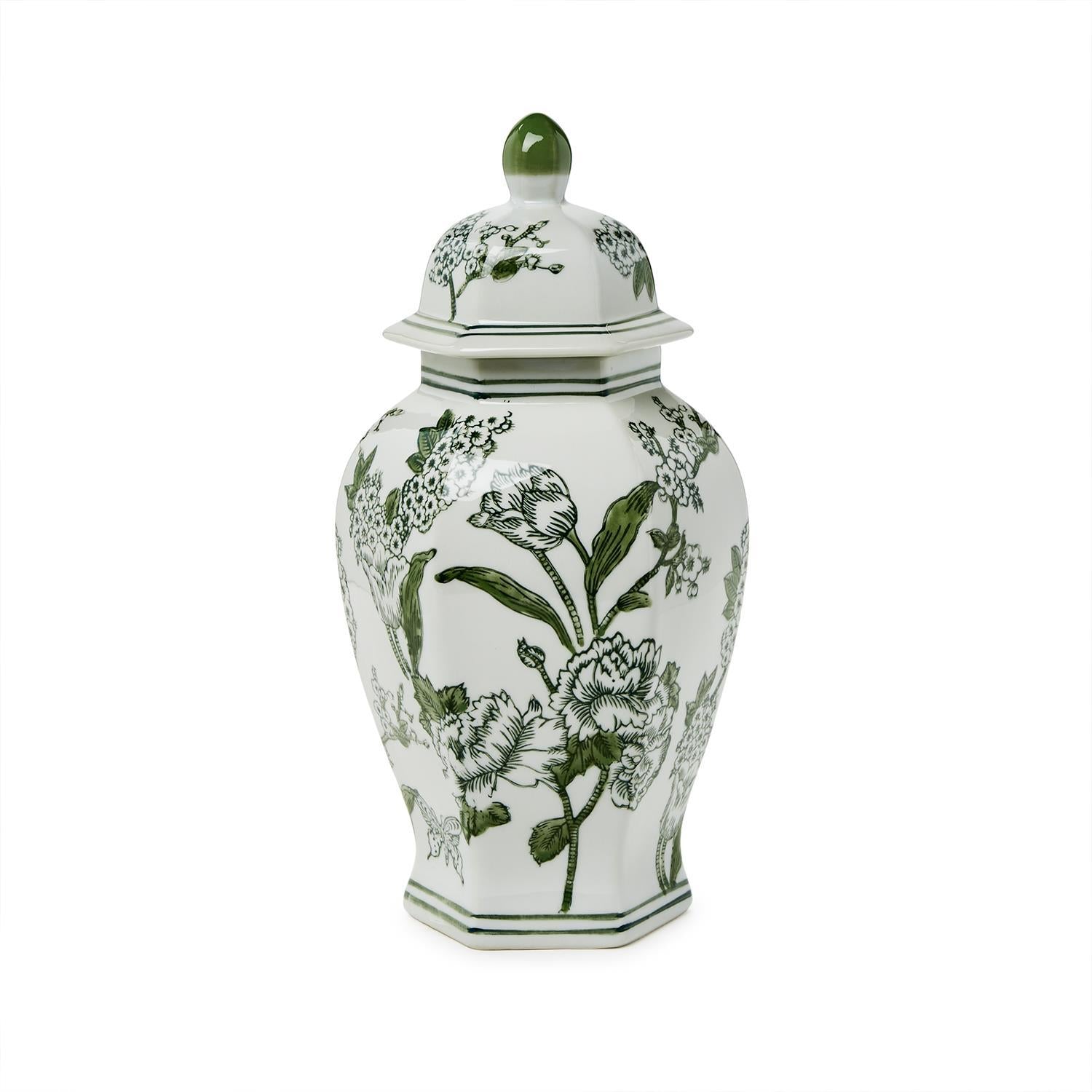 Primrose and Lotus Chinoiserie Hexagonal Jar with Lid