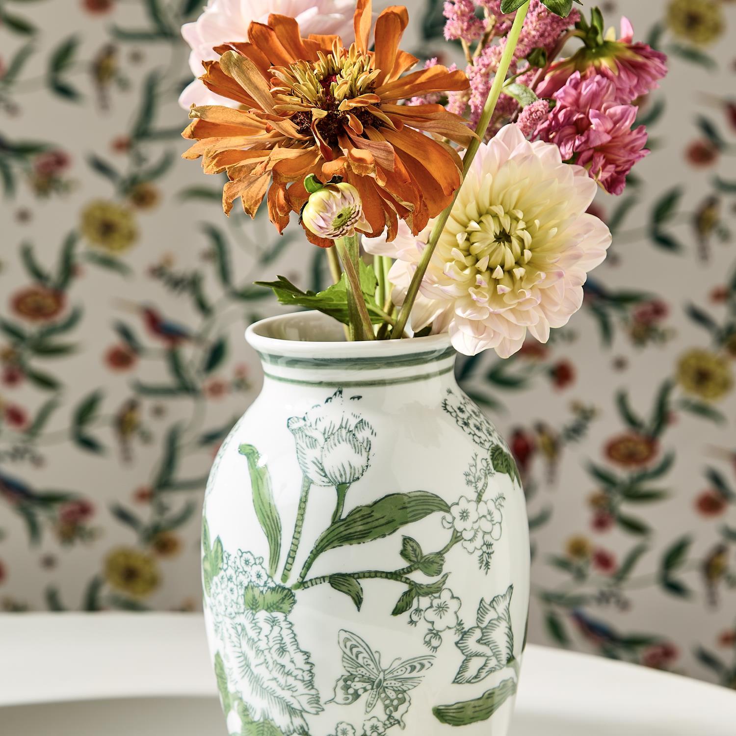 Primrose and Lotus Green and White Chinoiserie Porcelain Vases