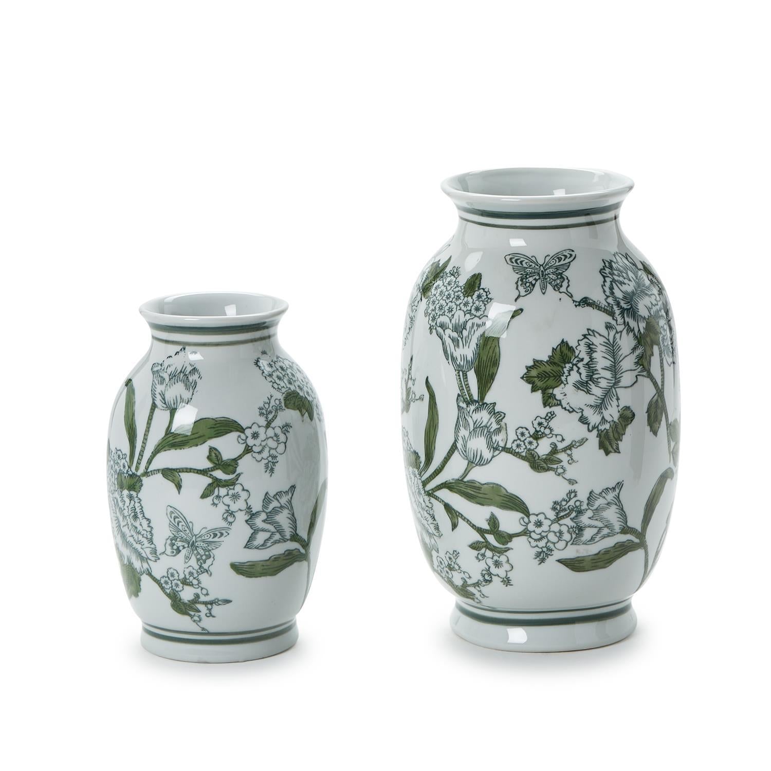 Primrose and Lotus Green and White Chinoiserie Porcelain Vases